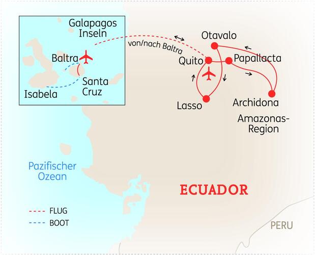 Karte der 14-tägigen Ecuador & Galapagos Rundreise