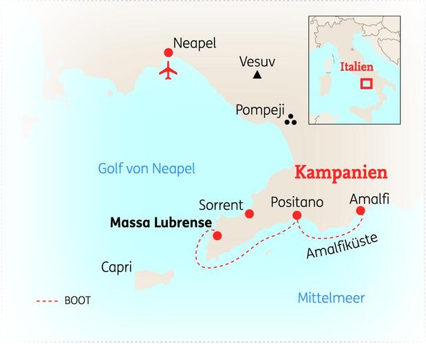Reiseroute der 8 Tage Golf von Neapel & Amalfiküste Reise