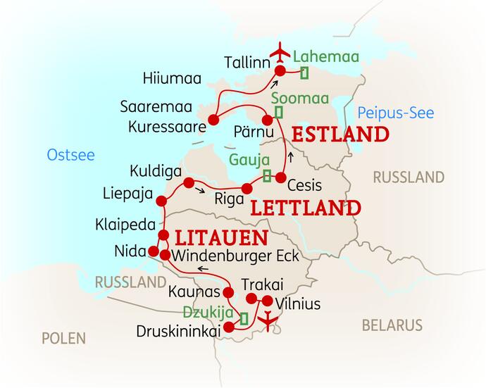 Reiseroute der 19 Tage Baltikum  Reise