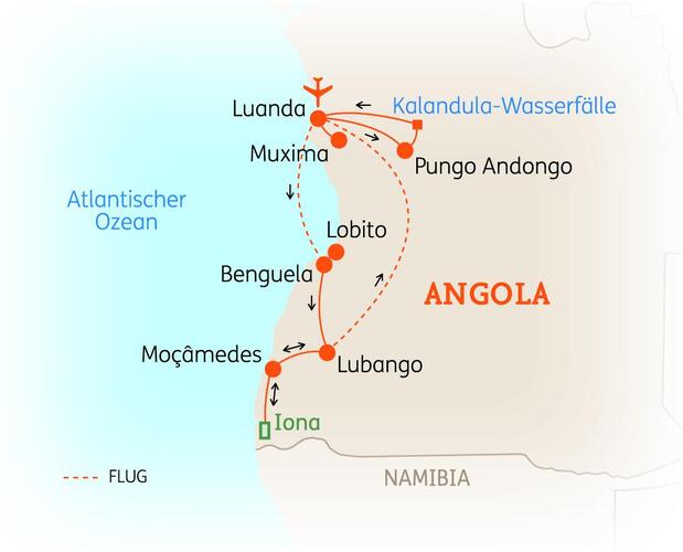 Reiseroute der 15-tägigen Angola Rundreise 