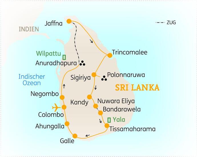 Reiseroute der 20-tägigen Sri Lanka Reise