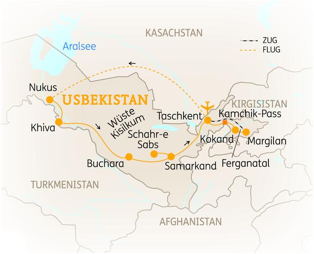 Reiseroute der 15 Tage Usbekistan Reise