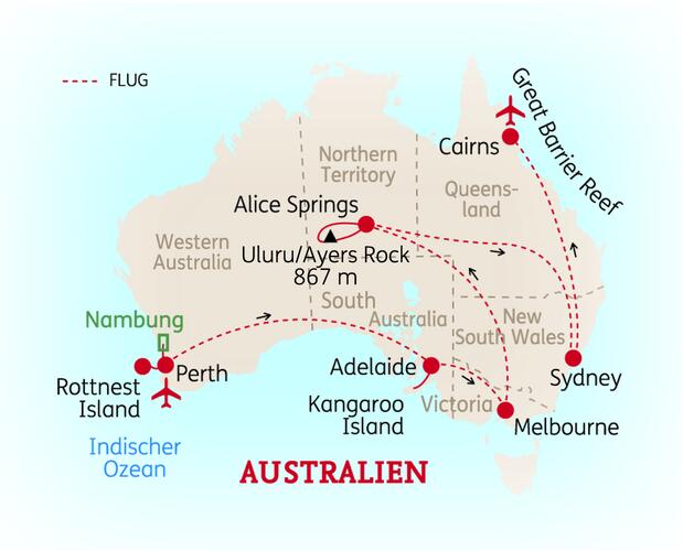 Reiseroute der 25 Tage Australien Reise