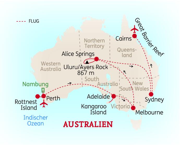 Reiseroute der 25 Tage Australien Reise