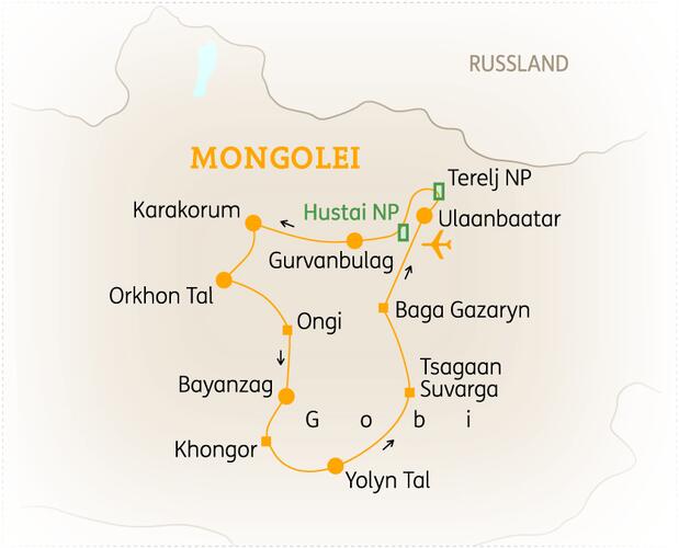 Reiseroute der 15 Tage Mongolei Reise