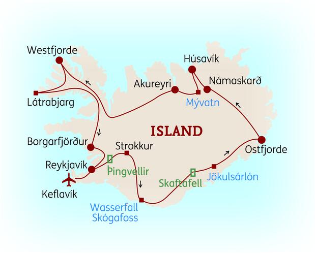 Reiseroute der 15 Tage Island Reise
