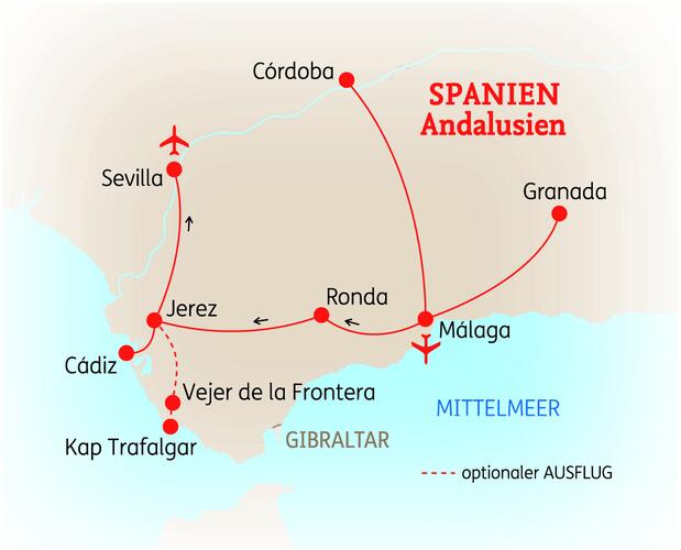 Reiseroute der 8 Tage Andalusien Reise