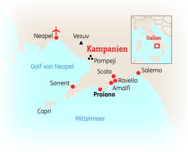 Reiseroute der 8 Tage Golf von Neapel & Amalfiküste Reise