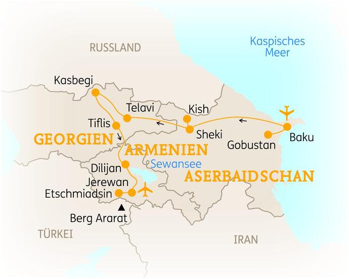 Reiseroute der 14-tägigen Armenien, Georgien & Aserbaidschan Rundreise