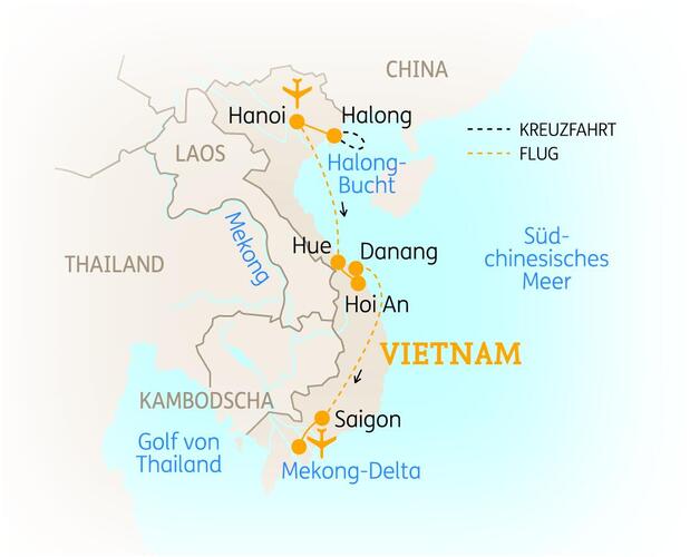 Reise Route der 15-tägigen Vietnam Reise