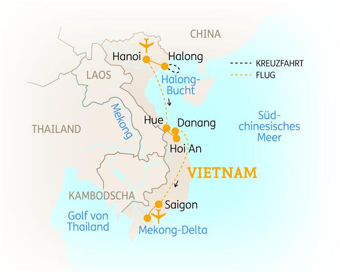 Reise Route der 15-tägigen Vietnam Reise