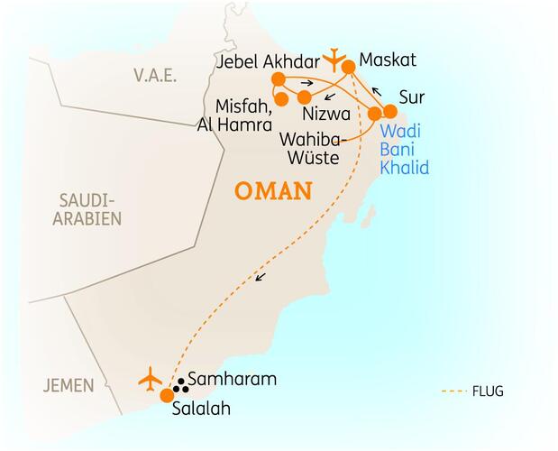 Reiseroute der 9-10 tägigen Oman Luxusreise 
