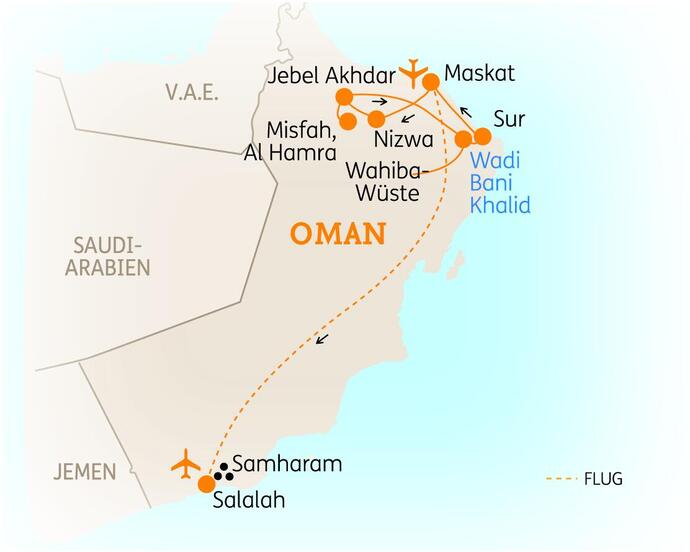 Reiseroute der 9-10 tägigen Oman Luxusreise 