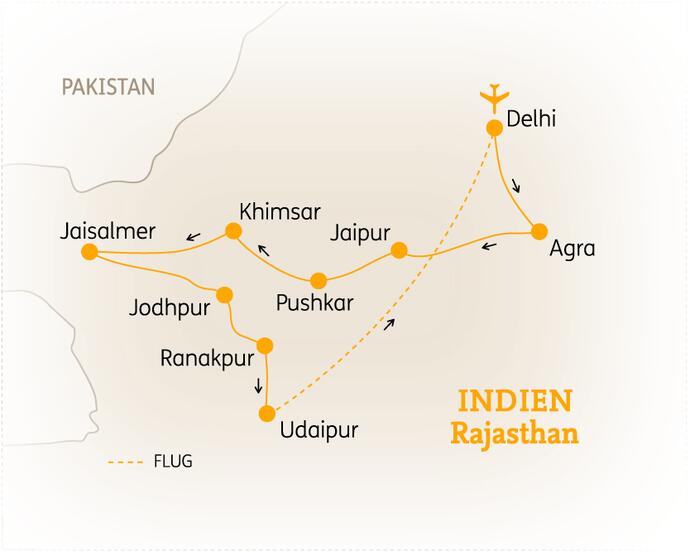 Reiseroute der 16 Tage Indien Reise