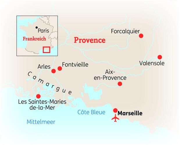 Reiseroute der 8-tägigen Provence Reise 