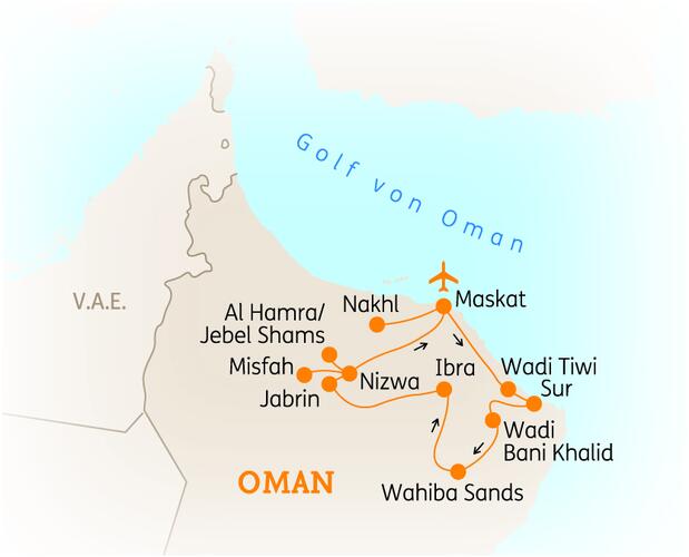 Reiseroute der 8 Tage Oman Reise