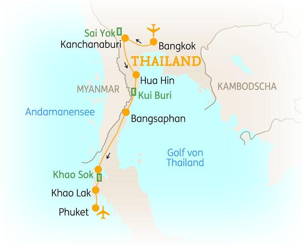 Reiseroute der 13 Tage Thailand Rundreise mit Strandaufenthalt auf Khao Lak