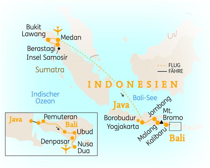 Reiseroute der 20 Tage SUMATRA, JAVA & BALI / INDONESIEN Reise