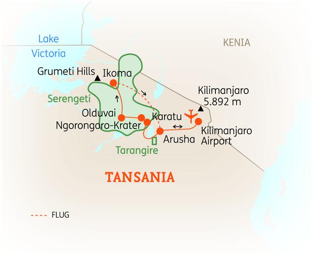 Reiseroute der 12 Tage Tansania Reise