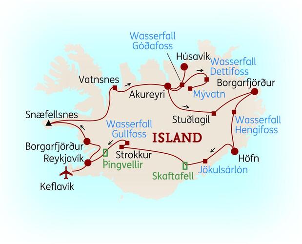Reiseroute der 12 Tage Island Reise 