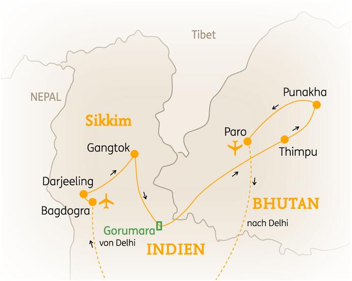 Reiseroute der 13 Tage Sikkim & Bhutan Reise