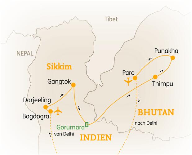 Reiseroute der 13 Tage Sikkim & Bhutan Reise