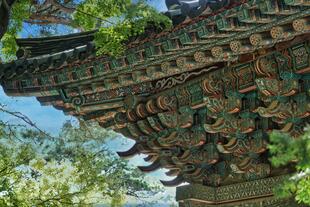Prächtige Holzbemalung im Bulguksa Tempel in Gyeongju 