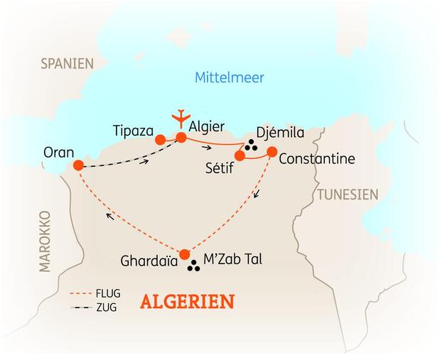 Reiseroute der 10-tägigen Algerien Rundreise