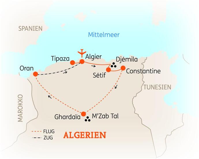 Reiseroute der 10-tägigen Algerien Rundreise