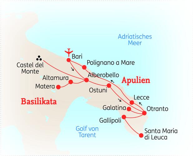 Reiseroute der 10 Tage Apulien Reise
