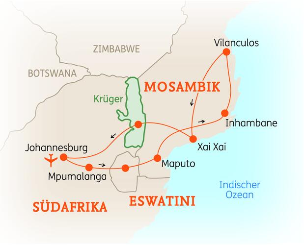 Reiseroute der 17 Tage Südafrika & Mosambik Reise