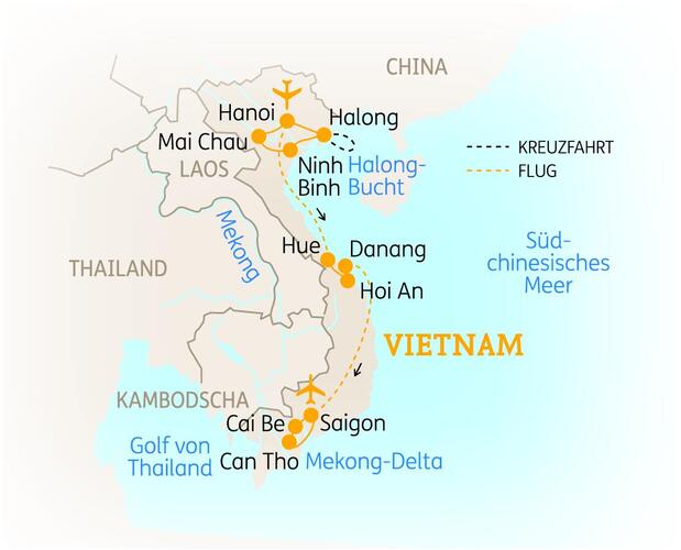 Reiseroute der 15-tägigen Vietnam Reise