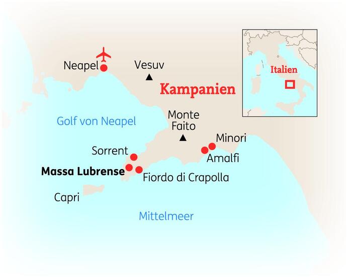 Reiseroute der 8 Tage Golf von Neapel & Amalfiküste Reise