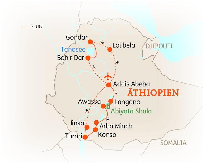 Reiseroute der 15-tägigen Äthiopien Rundreise