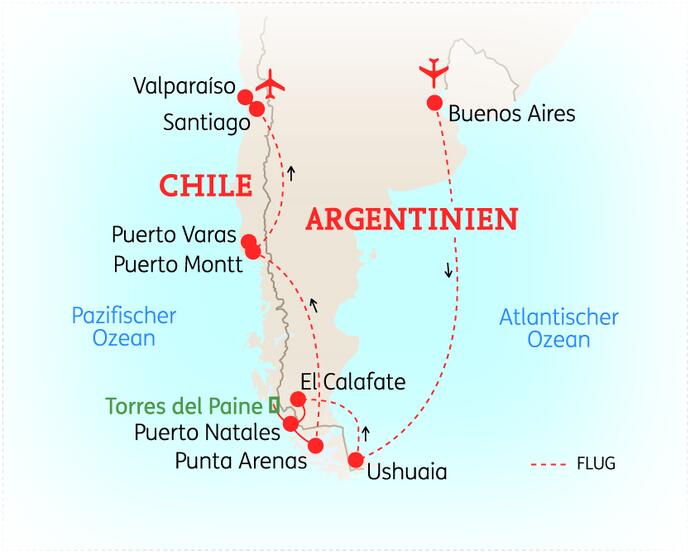 Reiseroute der 18 Tage Argentinien & Chile Reise