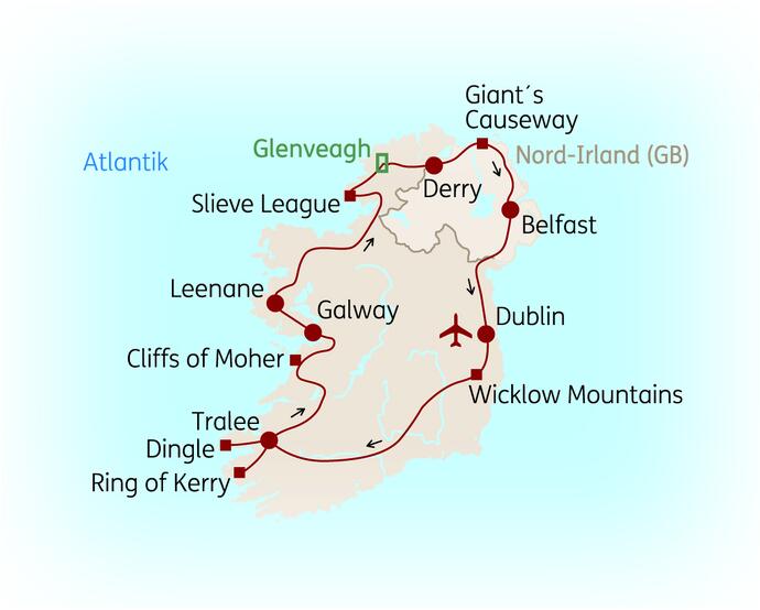 Reiseroute der 12 Tage Irland & Nordirland Reise
