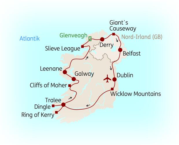 Reiseroute der 12 Tage Irland & Nordirland Reise