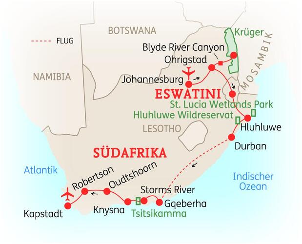 Reiseroute der 15 Tage Südafrika Reise 
