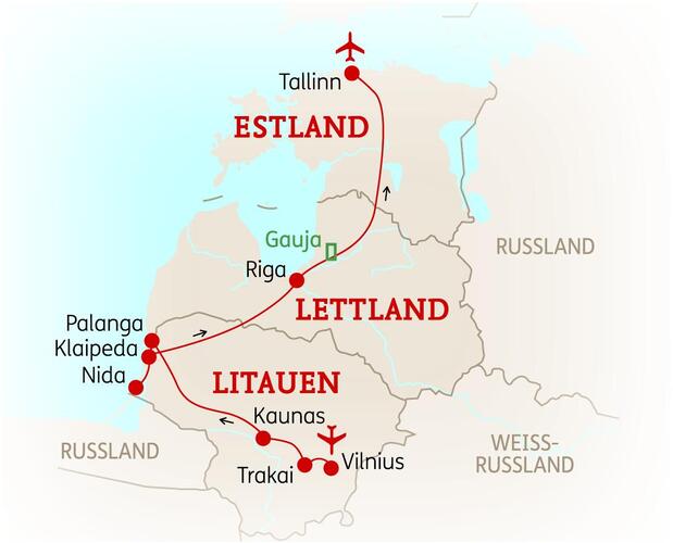 Reiseroute der 9-tägigen Baltikum Rundreise 