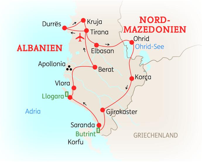 Reiseroute der 10 Tage Albanien Reise