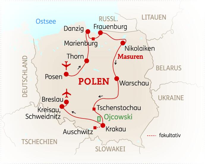Reiseroute der 12 Tage Polen Reise