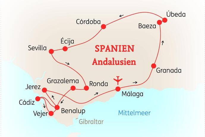 Reiseroute der 11-tägigen Andalusien Reise 
