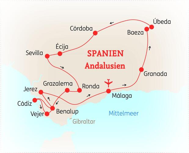 Reiseroute der 11-tägigen Andalusien Reise 