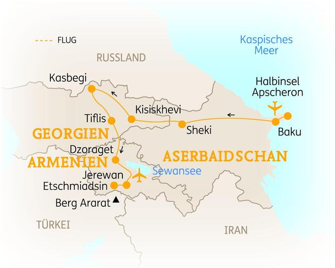 Reiseroute der 17-tägigen Armenien Rundreise 