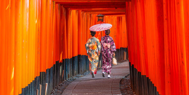 Frauen in Kimonos zwischen den Torii Toren