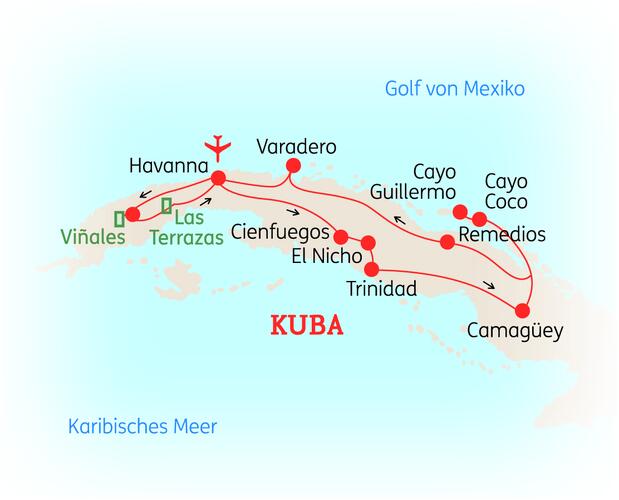 Reiseroute der 14 Tage Kuba Reise