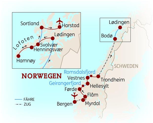 Reiseroute der 12-tägigen Norwegen Rundreise