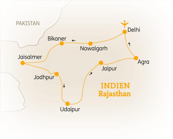 Reiseroute der 14 Tage Indien Reise