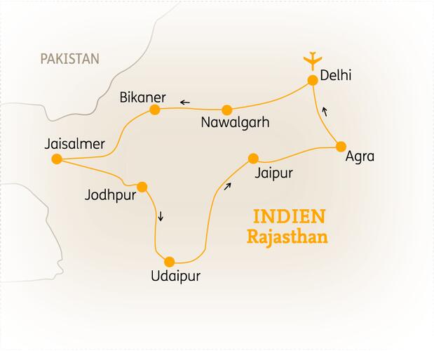 Reiseroute der 14 Tage Indien Reise