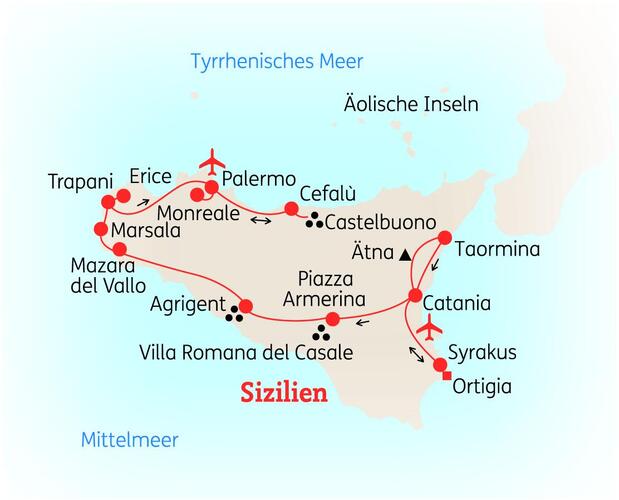Reiseroute der 10 Tage Sizilien Reise